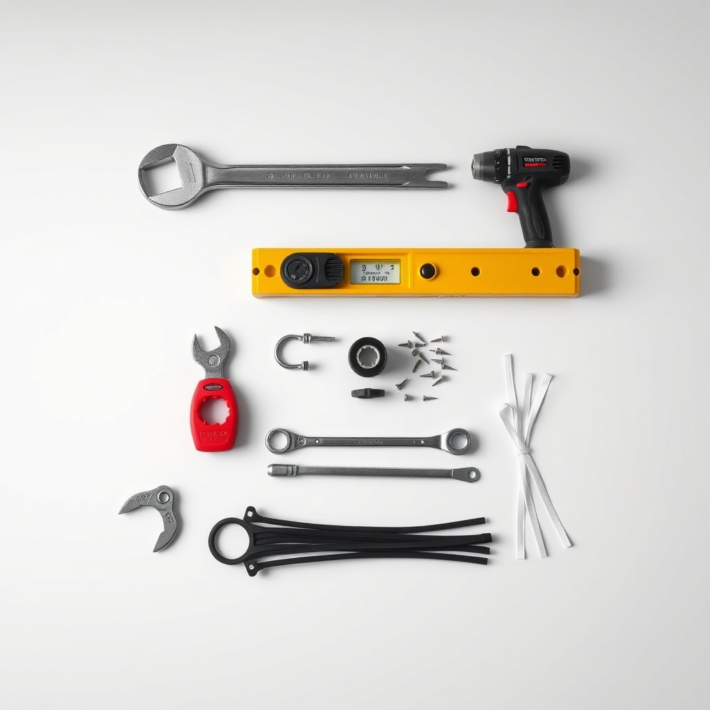 A clean photorealistic top-down view of tools needed for Casanova Royal awning installatio