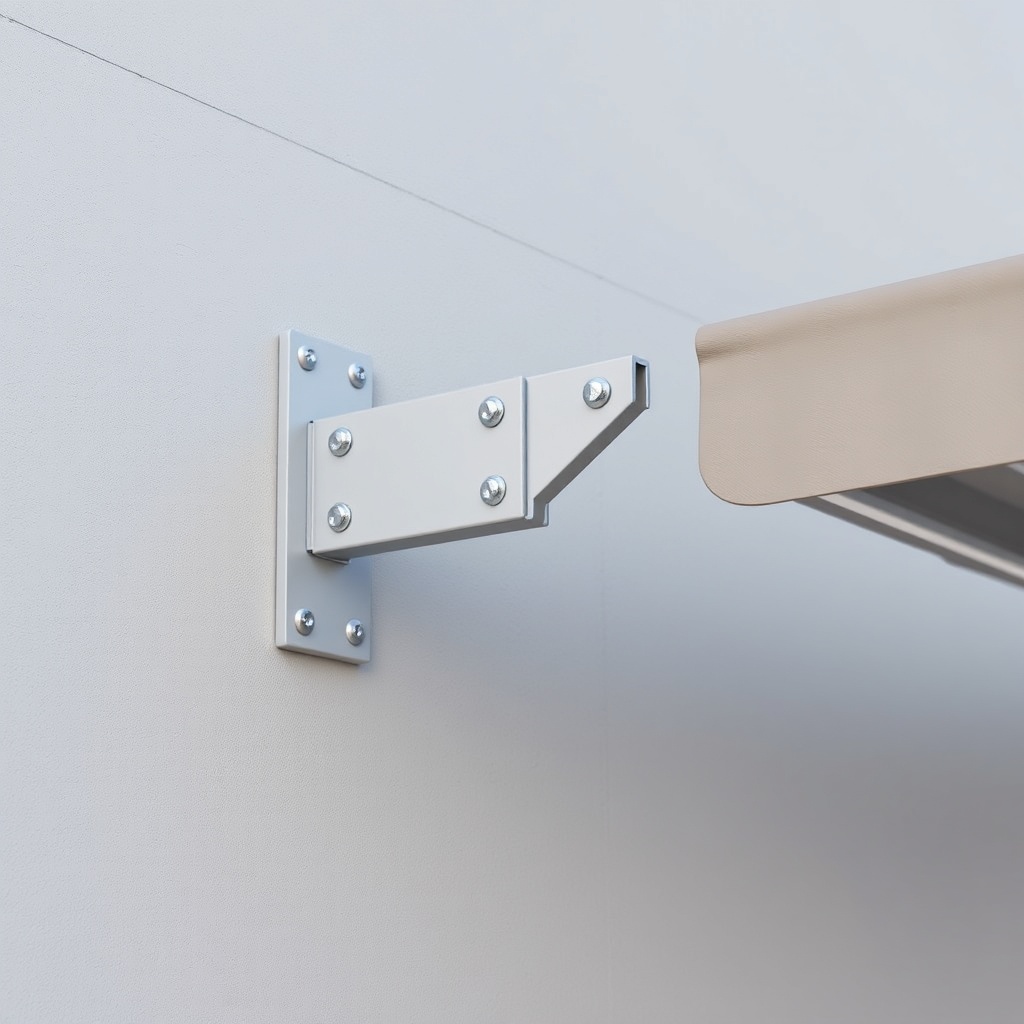 A photorealistic side-view of a Casanova Royal awning bracket mounted on a concrete wall