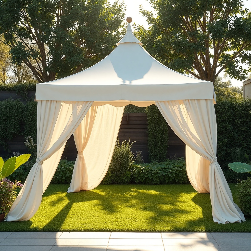 <clean photorealistic photo of Casanova Royal tent in a modern garden setting