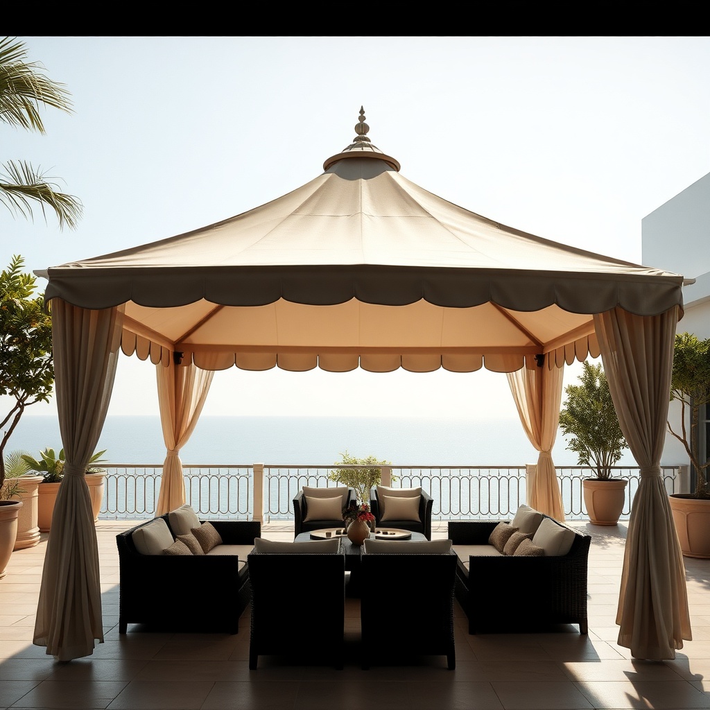 Clean photorealistic photo of a large Casanova Royal tente providing shade over a luxuriou