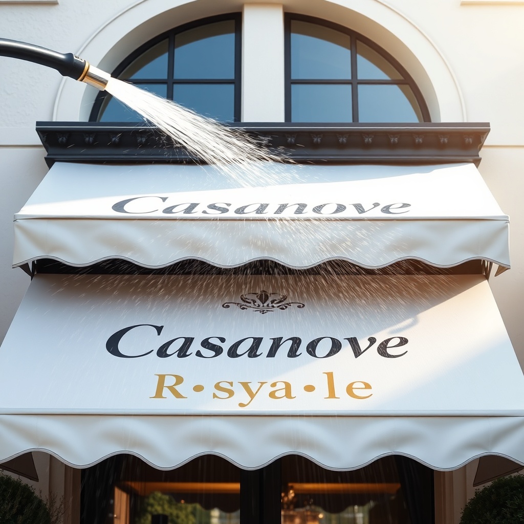 <clean photorealistic photo of a clean Casanova Royale awning being sprayed with water