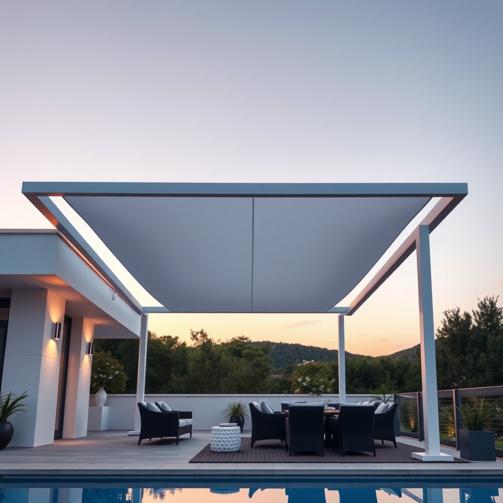 A photorealistic photo of a modern pergola with Casanova Royale system installed on a luxu
