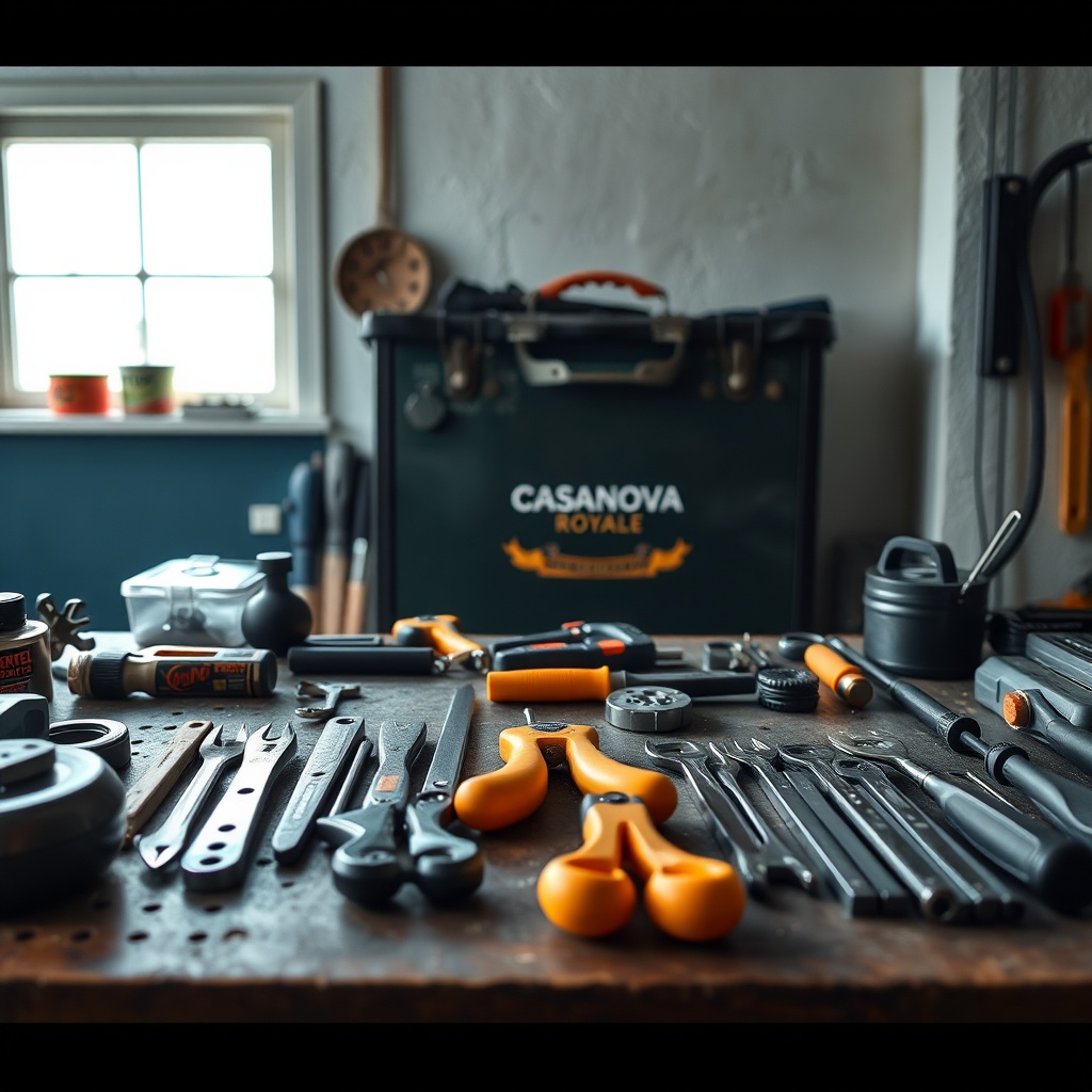 <A photorealistic 16:9 photo of various tools laid out on a workbench with a Casanova Roya