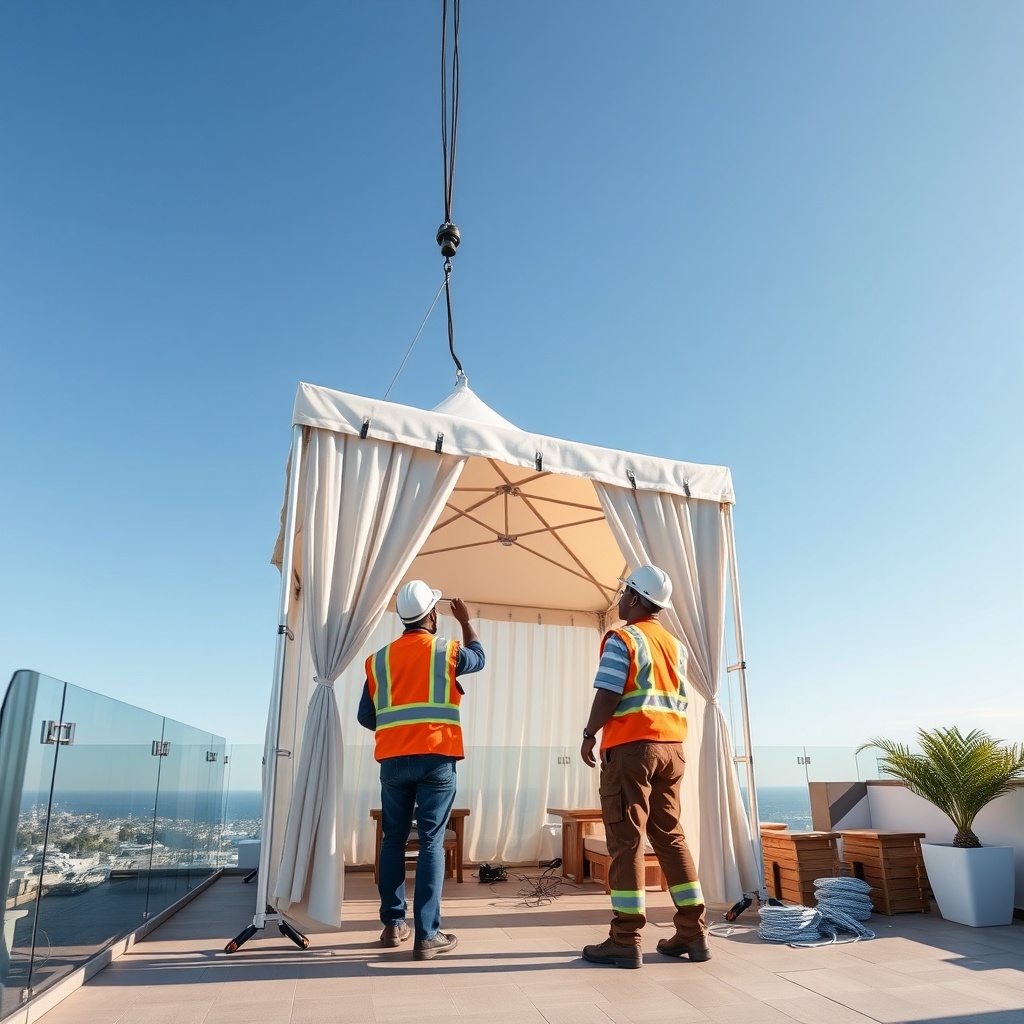 <A photorealistic 16:9 photo of a Casanova Royale tente being installed on a modern terrac