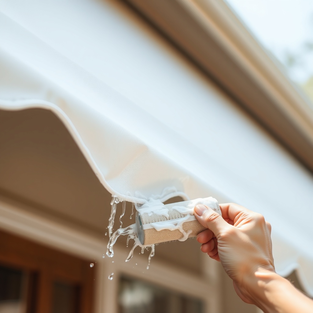 A photorealistic close-up of a white Casanova Royale awning fabric being gently cleaned wi