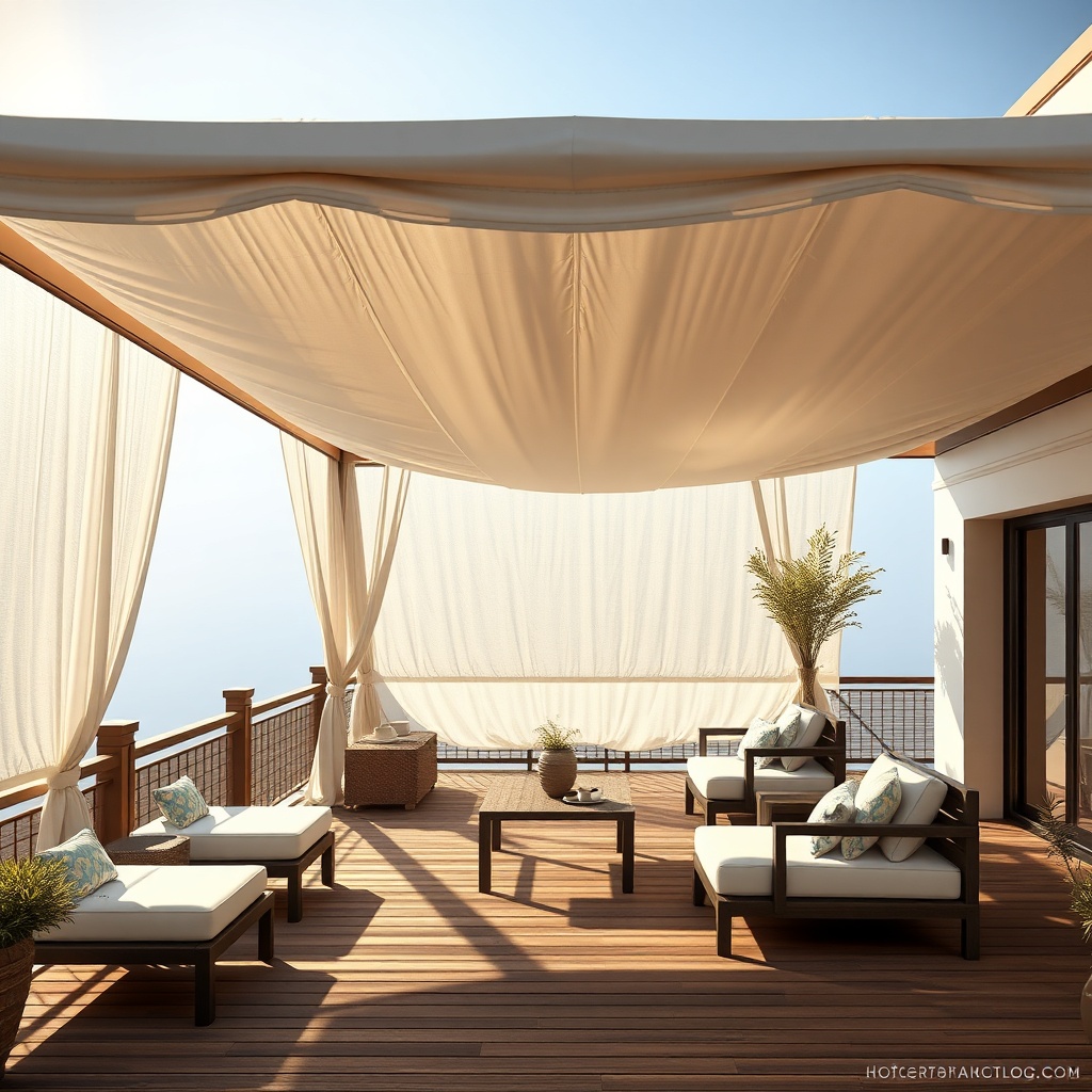 photorealistic 16:9 image of a Casanova Royale tente extending over a wooden terrace with