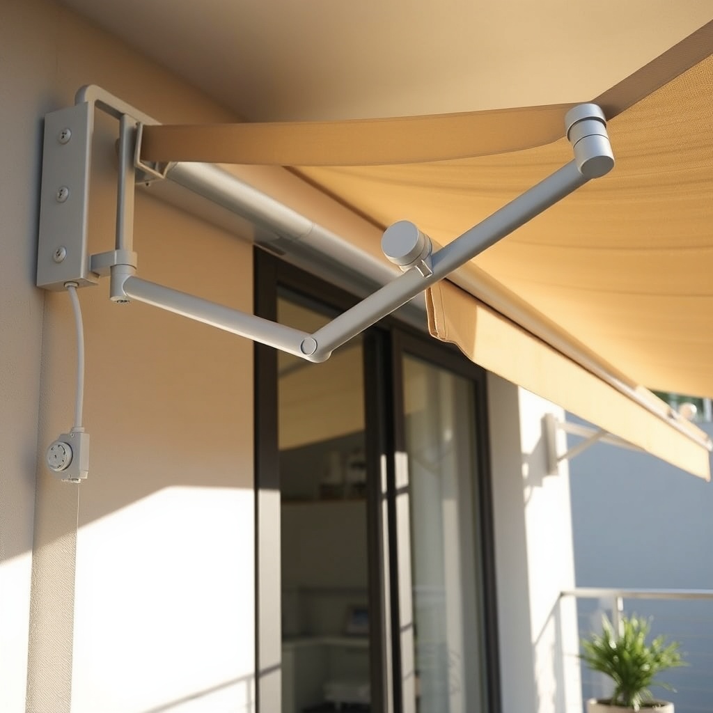 A photorealistic shot of a Solarplastik Eurofit retractable awning partially extended