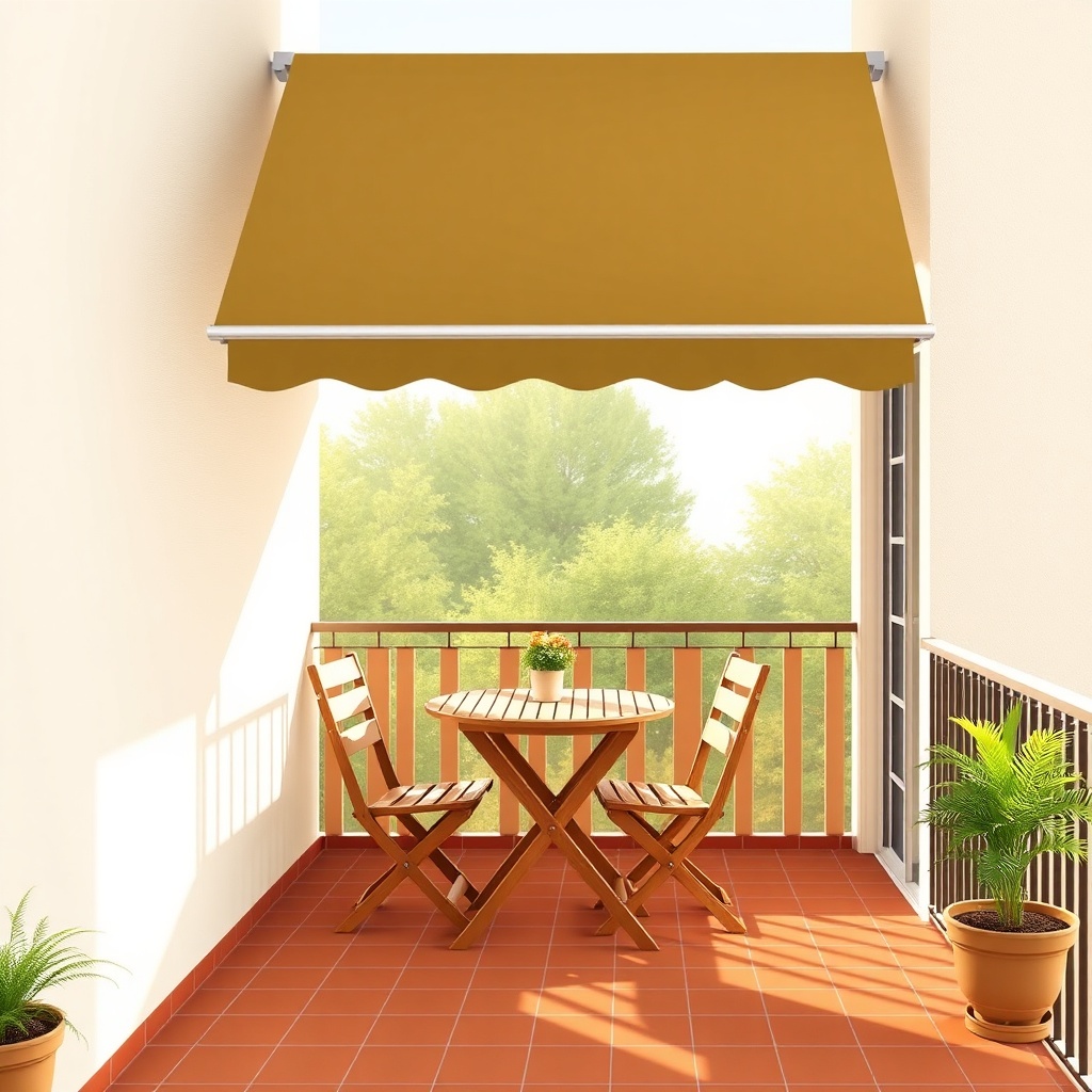 A clean photorealistic illustration showing a Solarplastik Eurofit awning fully extended o