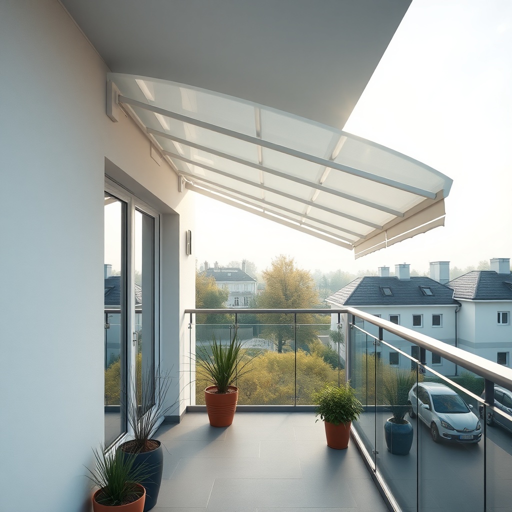 A photorealistic photo of a Solarplastik Eurofit tente installed on a modern balcony