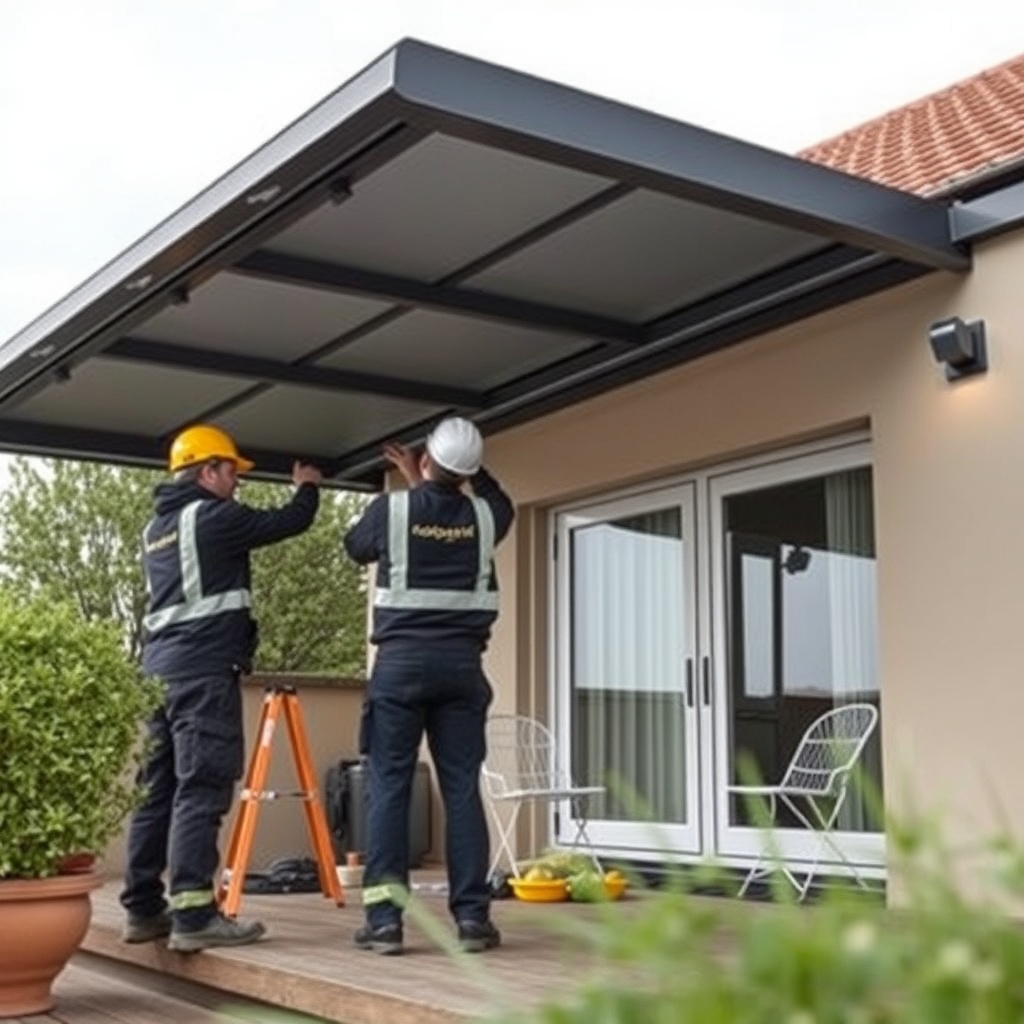 A photorealistic photo of two workers installing a Solarplastik Eurofit tente on a terrace