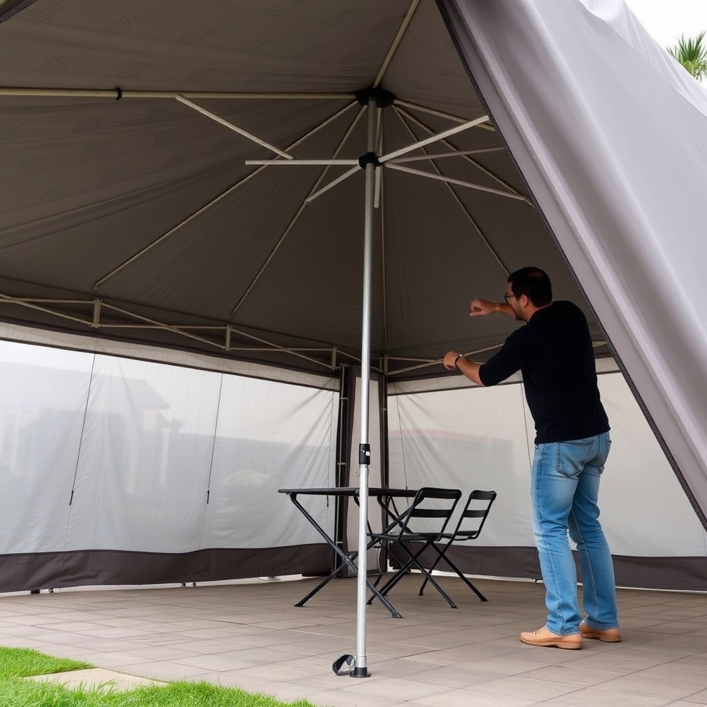 <clean photorealistic photo of a Solarplastik Eurofit tent fully extended on a patio