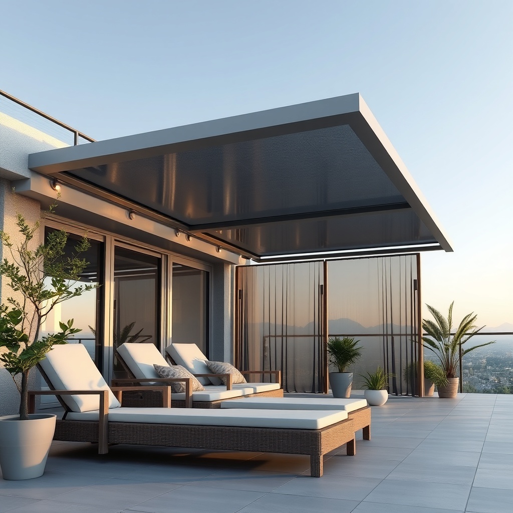 Modern bir evin terasında monte edilmiş Solarplastik Eurofit tente