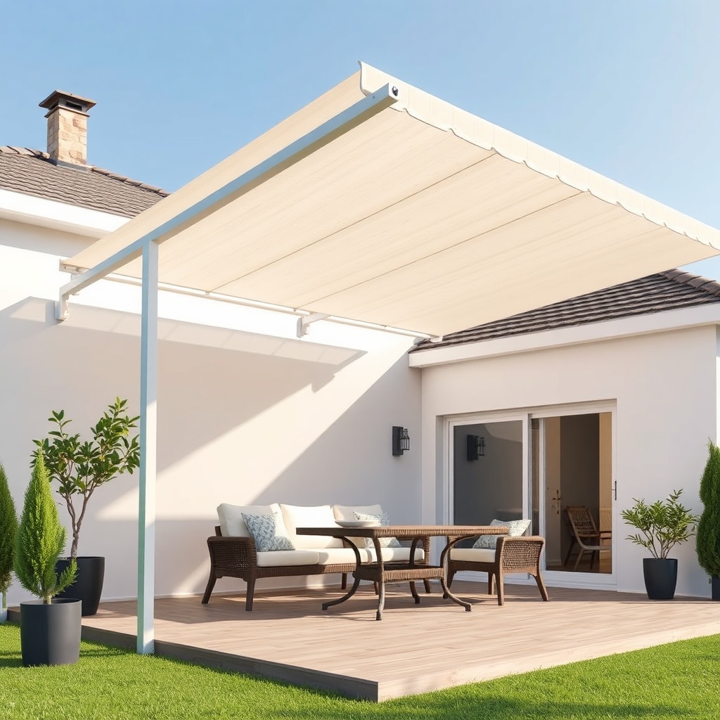 Bir teras üzerinde Solarplastik Eurofit tente kullanıcısı