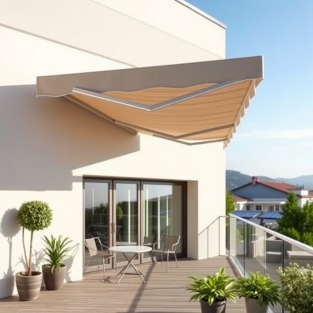 A photorealistic photo of a Casanova Royal awning installed on a modern terrace