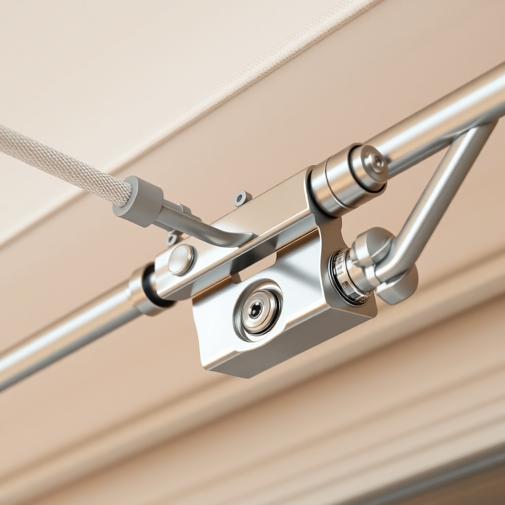 A photorealistic close-up of a Casanova Royal awning mechanism showing stainless steel par