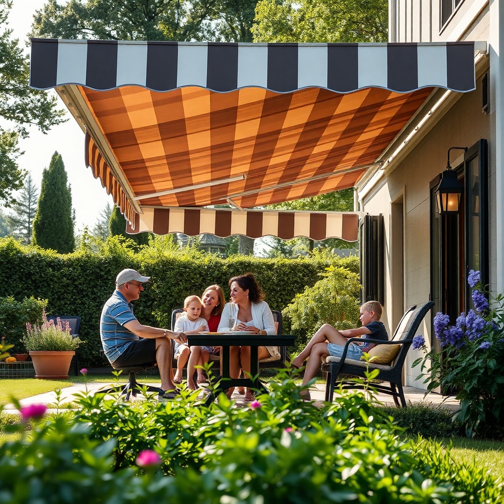 Photo of a family enjoying shade under Casanova Royale awning