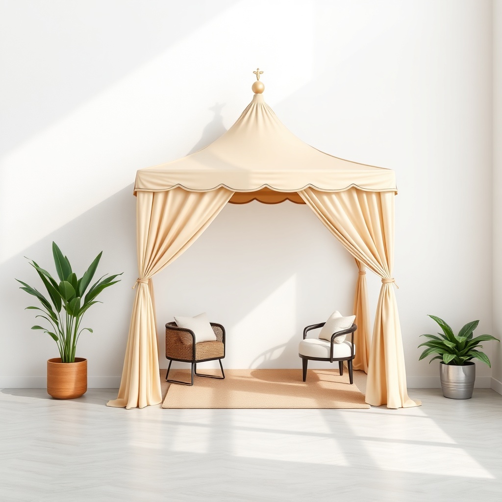 A photorealistic photo showing a Casanova Royale tente mounted on a white wall with a clea
