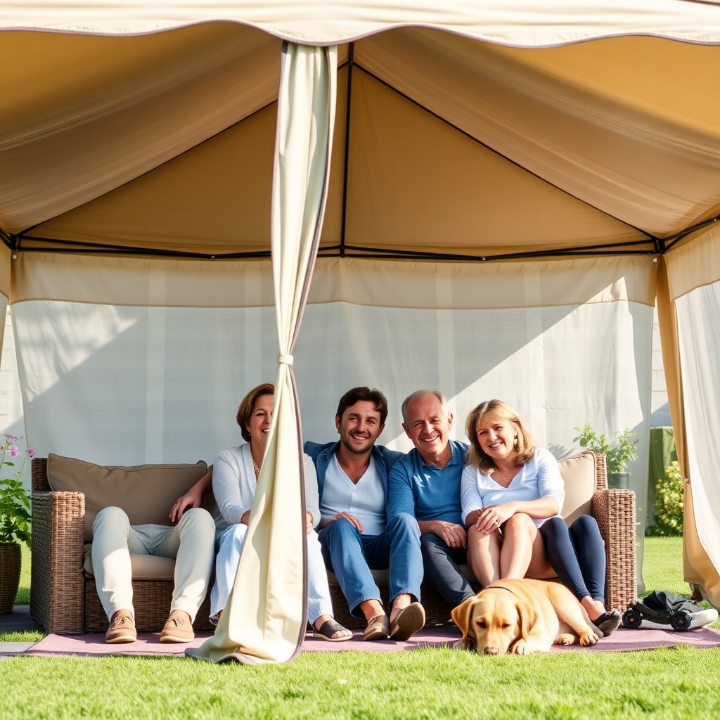 A photorealistic scene of a satisfied family sitting under a fully open Casanova Royale te