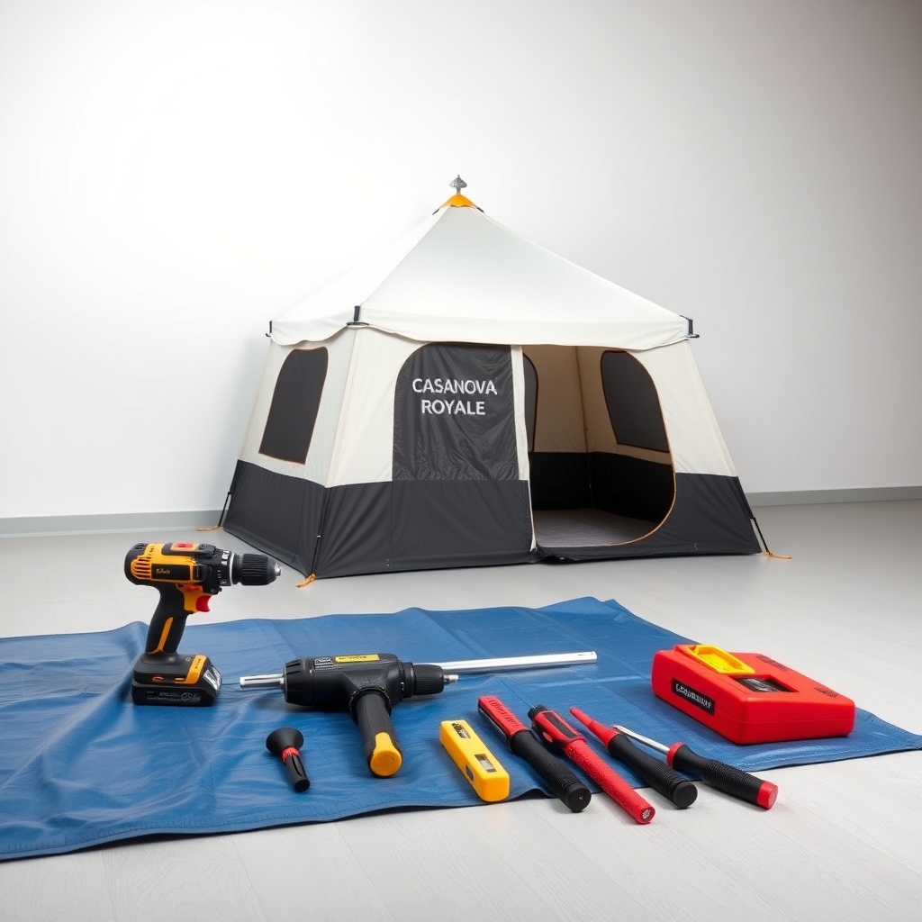 A clean photorealistic photo of a Casanova Royale tent set on a white wall