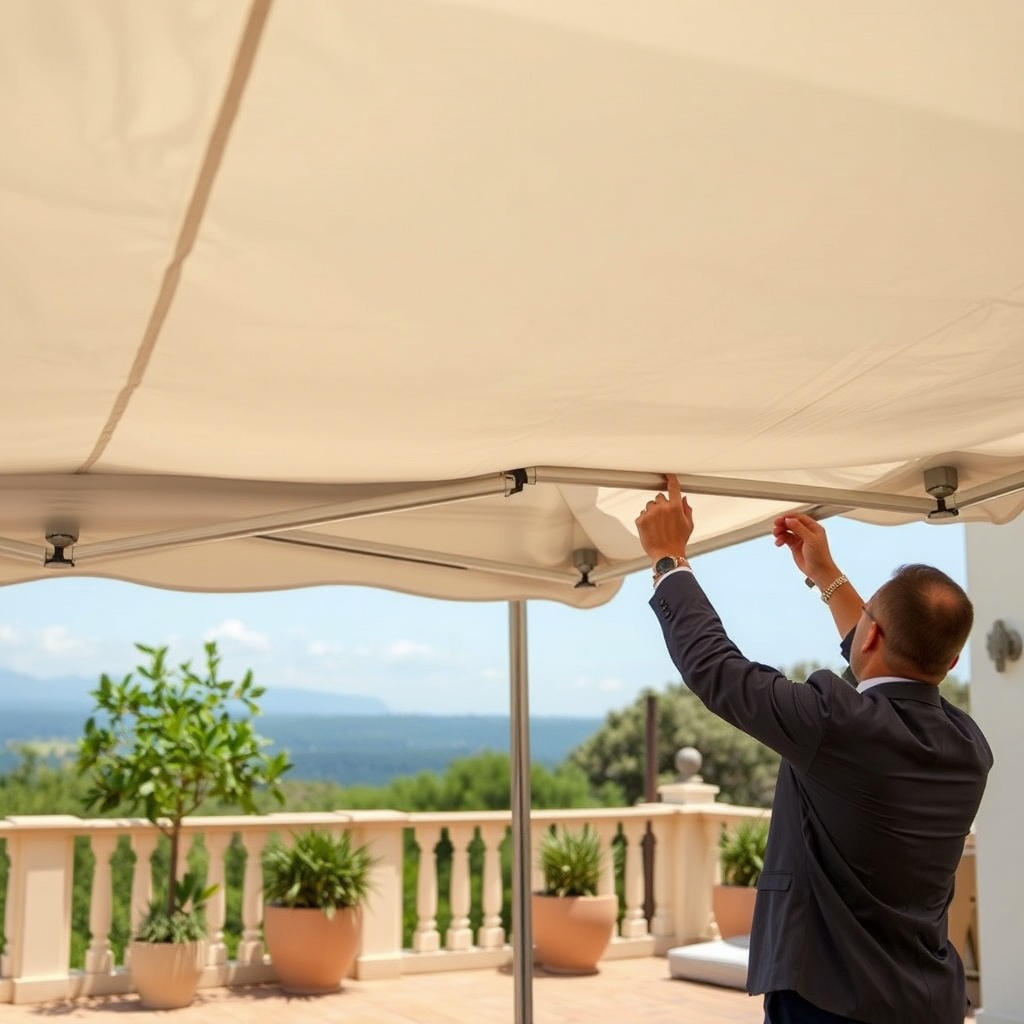 A clean photorealistic photo of a Casanova Royale tent with fabric being unfolded