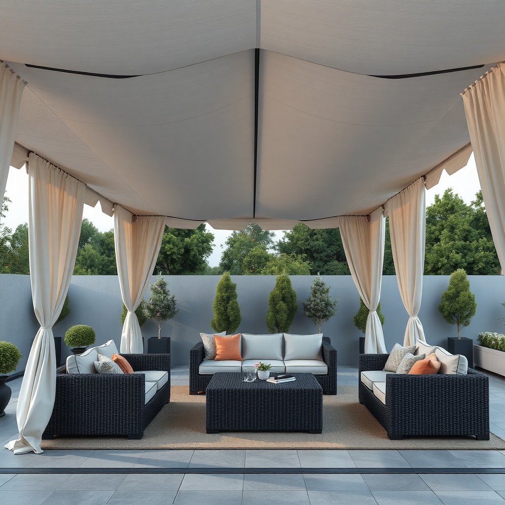 A photorealistic view of a Casanova Royale tent system installed over a modern terrace wit