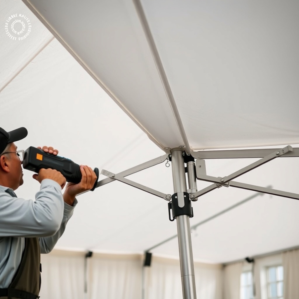 A photorealistic close-up of a Casanova Royale tent being installed by a professional team