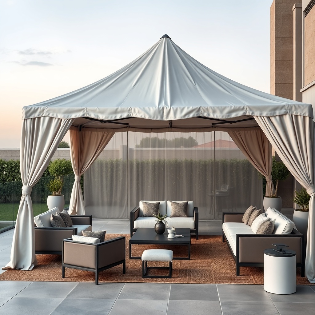 <clean photorealistic photo of a Casanova Royale tent installed on a large terrace with mo