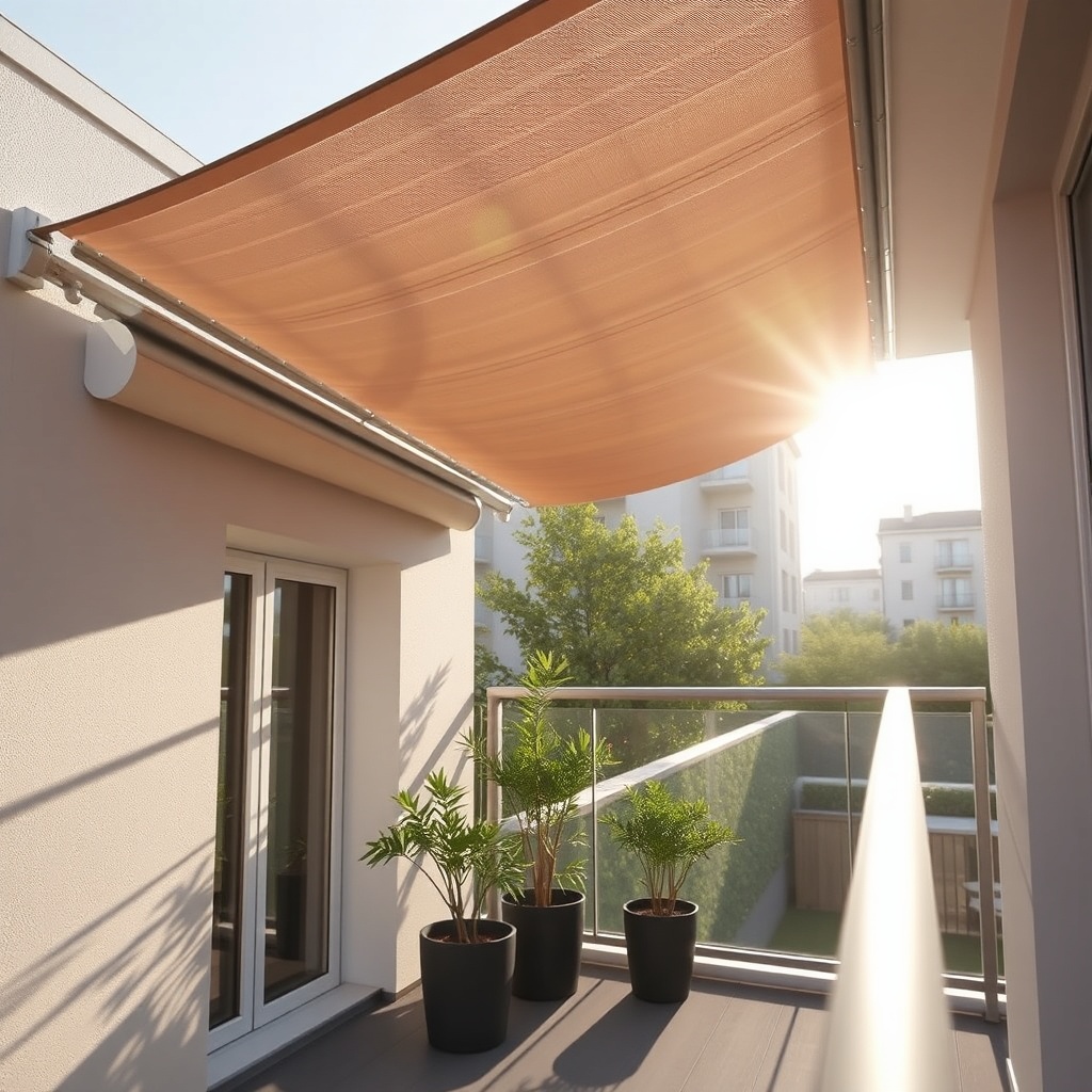 A photorealistic wide shot of a balcony with a Solarplastik Eurofit tent installed