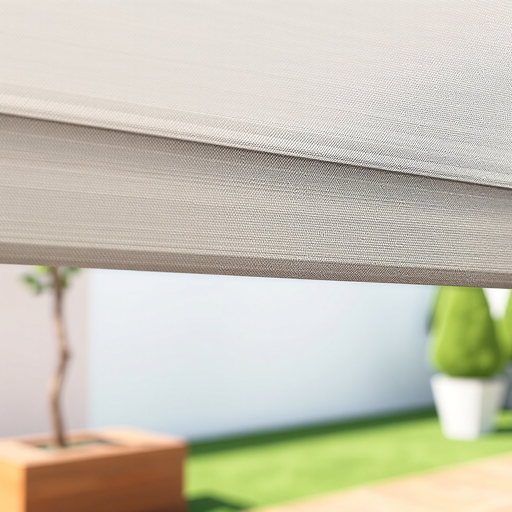 A photorealistic close-up of the Solarplastik Eurofit fabric and aluminum frame texture